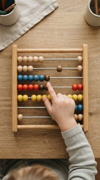Child learning math with a wooden abacus on a wooden table, educational concept for kids