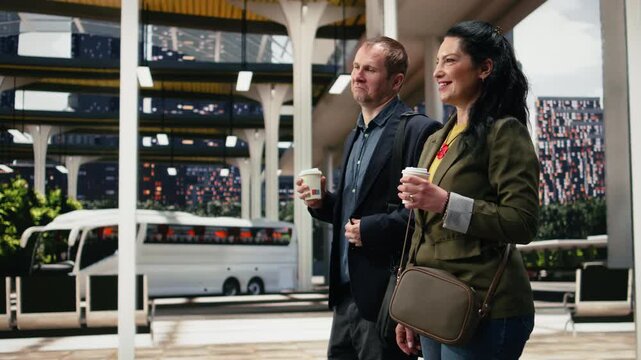 Smiling business travelers walk together through a bus terminal with coffee cups; the cheerful professionals enjoy takeaway drinks while discussing their travel itinerary before departure.