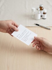 Obraz premium Doctor handing prescription note to adult female patient in medical clinic