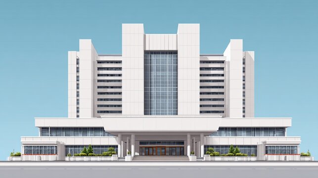 Modern White Hospital Building Facade with Large Glass Windows