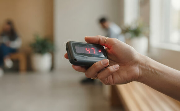Hand holding restaurant pager device displaying number 47 in waiting area indoors