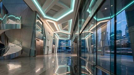 Obraz premium Futuristic Modern Architecture Office Building Interior Lobby with Spiral Staircase and Glowing Neon Lighting