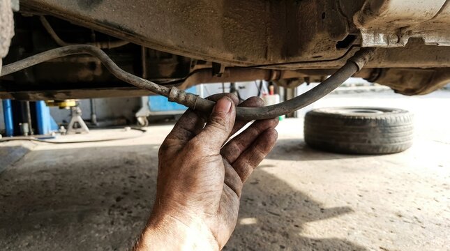 Mechanic holding a flexible brake hose under a car during chassis inspection and repair work in an automotive workshop