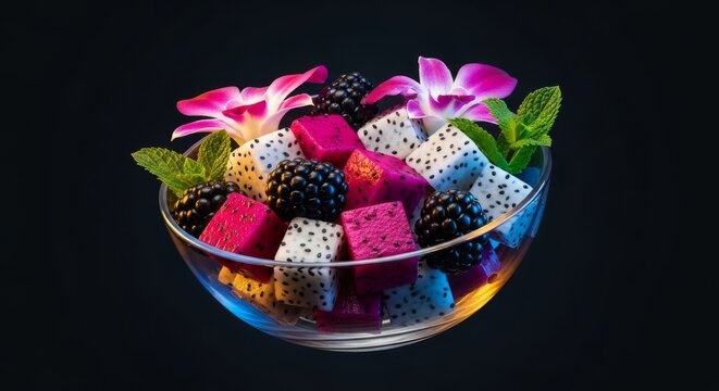 A floating glass bowl displays dragon fruit cubes, glossy blackberries, pink orchid petals, and mint leaves under shifting dramatic lights, food photography, black, floating