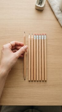 Woman hand holding unsharpened wooden pencil next to a row of identical pencils on wooden desk