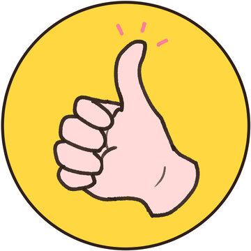 Cute cartoon thumbs up hand gesture on yellow circle badge clipart illustration