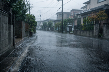 Fototapeta premium Heavy Rain and Torrential Downpour｜大雨・豪雨・住宅街の写真素材