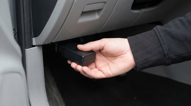 Mechanic plugging OBD2 scanner diagnostic tool into a car port for vehicle troubleshooting