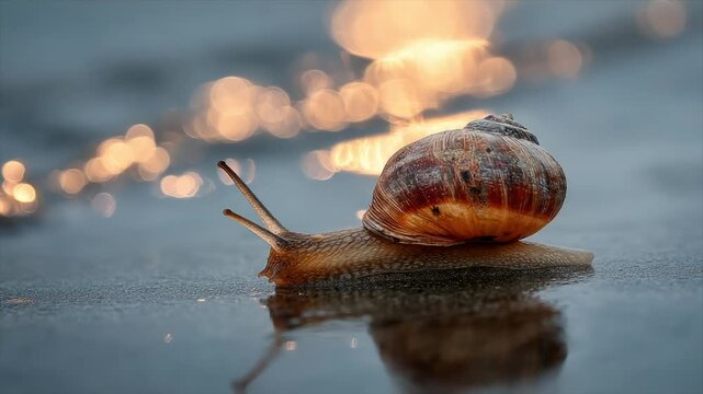 A macro shot captures a snail gliding on a reflective surface, with bokeh in the background