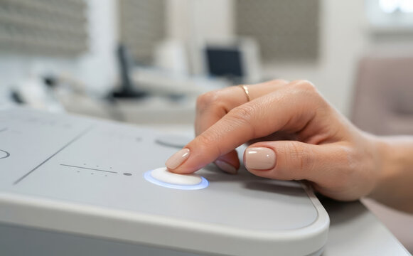Audiometry test in a hearing clinic where a patient presses the response button on the audiometer