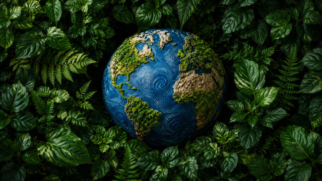 Earth globe made of leaves surrounded by green foliage, sustainability concept