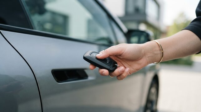 Woman unlocking her modern electric car using a wireless key fob remote control device