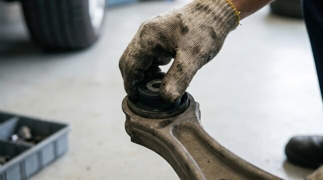 Mechanic installing a new control arm bushing in an auto repair shop