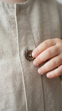 Toddler hand buttoning a natural linen shirt, fine motor skills and independence in childhood