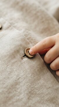 Child buttoning a linen shirt close up detail view of rustic beige clothing and wooden fastener