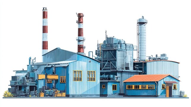 Modern Industrial Factory with Smokestacks and Blue Buildings