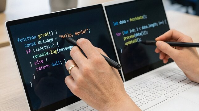 Developer coding Javascript on a dual-screen laptop with a stylus pen.
