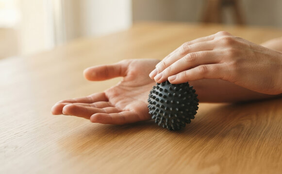 Woman using a spiky massage ball for hand and wrist physical therapy exercise