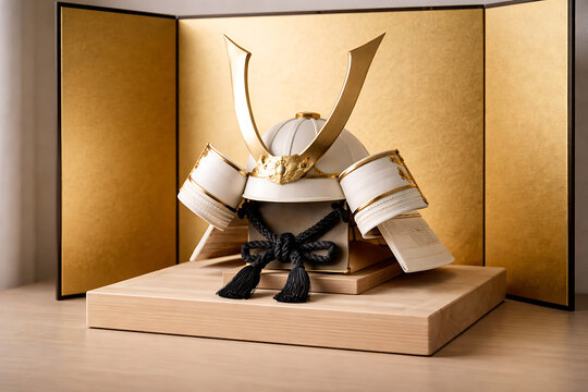 White and gold ornamental samurai helmet displayed on a wooden stand before a folding screen