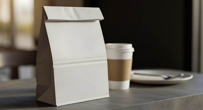 White paper bag mockup for food packaging design. Takeaway takeaway lunch food cafe background with cup.