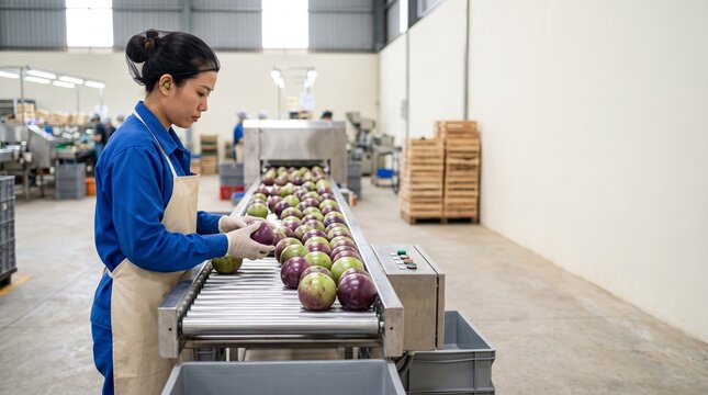 Produce worker grades Vietnamese star apples on a premium packing line