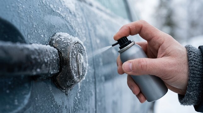 Person using deicer spray on a frozen car door lock in winter freezing weather