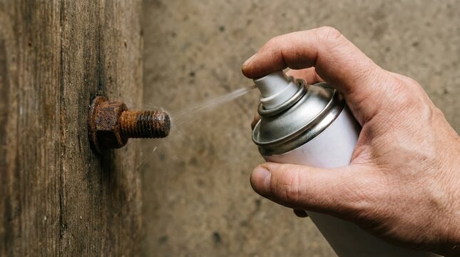 Unseizing a rusted metal bolt with lubricating spray in wood