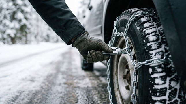 Driver putting snow chains on car tire for safe winter driving on icy road