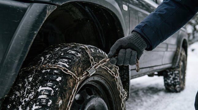 Person installing snow chains on a car tire for safe winter driving on icy mountain roads