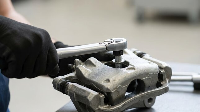 Mechanic using a torque wrench to repair a car brake caliper in an automotive workshop