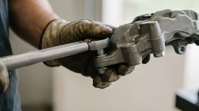 Mechanic wearing gloves using a torque wrench to repair a car brake caliper in a workshop