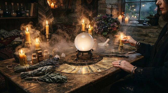 Crystal Ball Reading: A mystical scene unfolds as a fortune teller holds a candle near a glowing crystal ball, surrounded by flickering candles, herbs, and ancient artifacts.