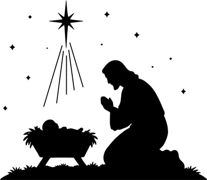 Jesus Kneeling in Prayer Beside Manger Silhouette
