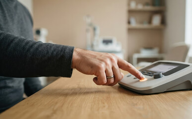 Fototapeta premium Middle-aged man pressing button on medical diagnostic device in clinic, representing healthcare technology and patient checkup