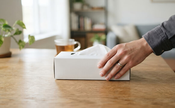 Person grabbing white tissue box on wooden table at home living room