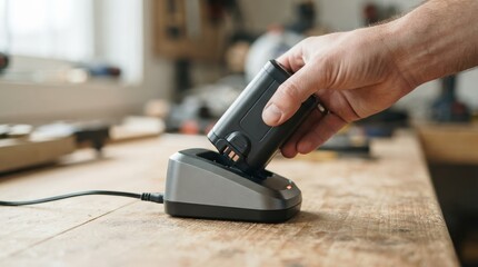 Fototapeta premium Man inserting rechargeable tool battery into charger on workbench in workshop