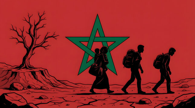 Silhouette of family migration against moroccan national flag.Generative AI