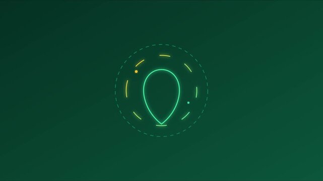 Minimalist neon map pin animation on dark green 4k background, for digital navigation, and location services