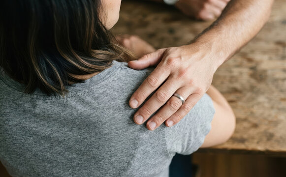 A man comforting a woman by placing a hand on her shoulder representing support and empathy in a difficult situation