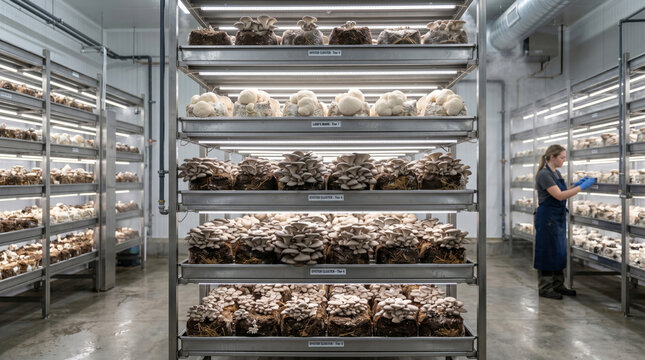 Oyster and Lion's Mane mushrooms growing on shelves in an indoor farm. Close up of fungi clusters on substrate blocks in a commercial cultivation facility