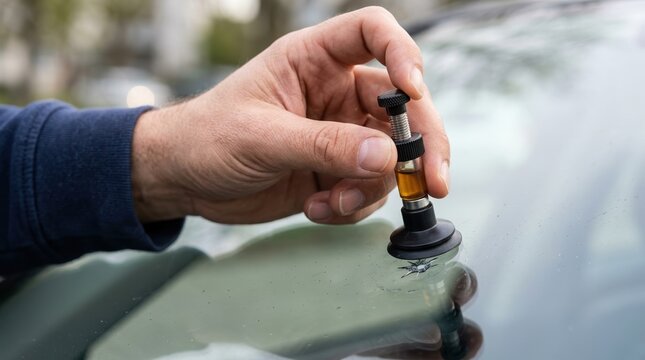 Man repairing a chipped car windshield with a resin injection tool for automotive glass maintenance