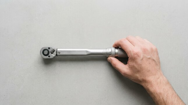A person adjusting a professional torque wrench on a neutral surface for mechanical and automotive work