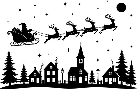 Santa Sleigh Over Christmas Church Village Silhouette