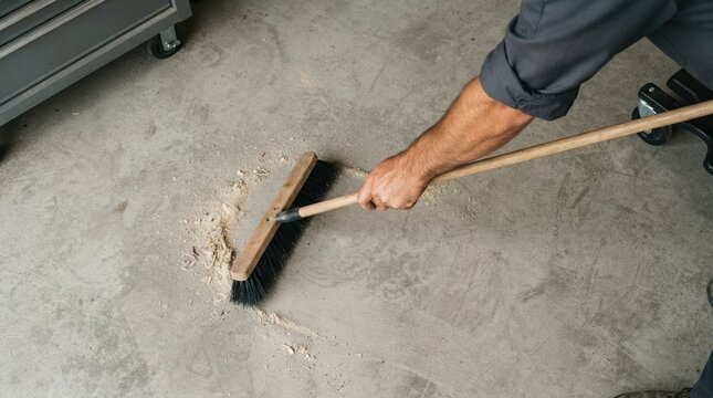 Man sweeping sawdust on a concrete floor in a workshop, concept of garage cleaning and manual labor