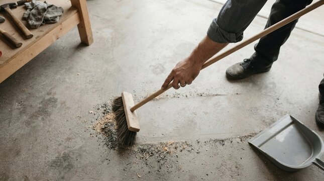 Adult man sweeping sawdust and debris with a wooden push broom on a concrete floor in a workshop