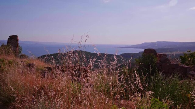 Ancient Stone Ruins of Assos on Behramkale Hill Overlooking the Aegean Sea and Lesbos Island