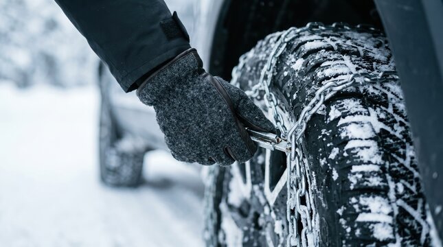 Man fitting snow chains on a car tire for safe winter driving on icy roads