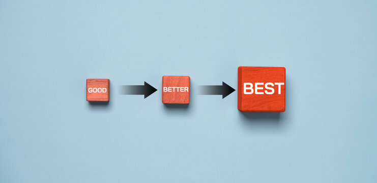 Good to better and the best concept showing continuous improvement, business growth and performance optimization through progress, goal achievement, strategic development and success.