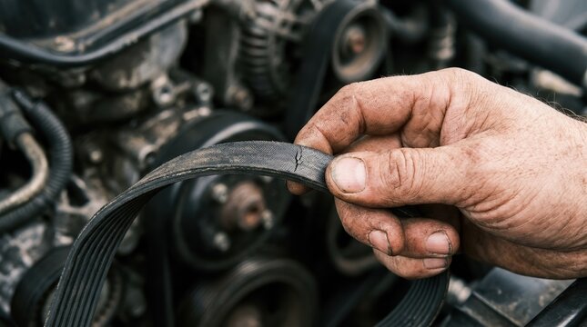 Mechanic holding a cracked serpentine belt in a car engine bay, representing auto repair and maintenance