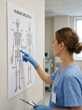 Female nurse in blue scrubs pointing at a human skeleton anatomy chart in a clinic room